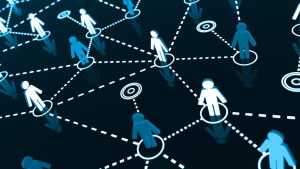 Abstract illustration of interconnected humanoid figures on a dark background, represented with lines and circles, symbolizing a network or social connection.